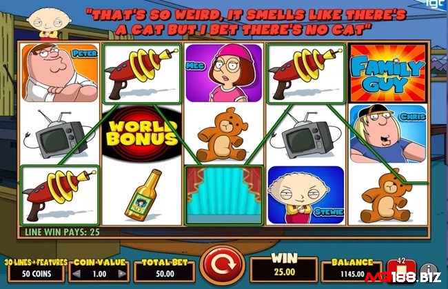 Family Guy có 30 dòng thanh toán và 50 xu cố định với giá trị mỗi xu dao động từ 0,02 đến 0,1