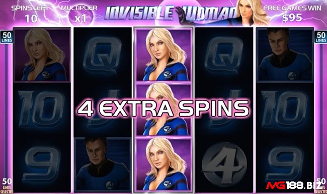 Nhận thêm 4 vòng quay miễn phí bổ sung và hệ số nhân tăng +1 cho mỗi Invisible Woman