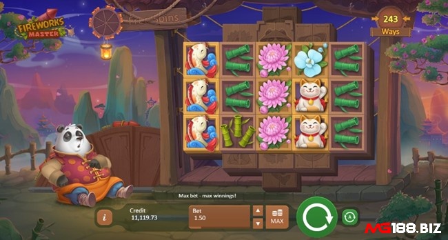 Slot Fireworks Master gây ấn tượng bởi chú gấu mặc trang phục truyền thống dễ thương