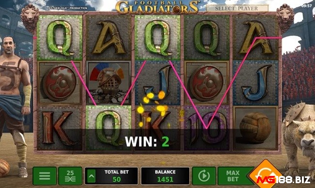 Football Gladiators có tối đa 4 cấp độ cược tại mục Bet/Line và giá trị các đồng xu dao động từ 0.01 đến 0.5