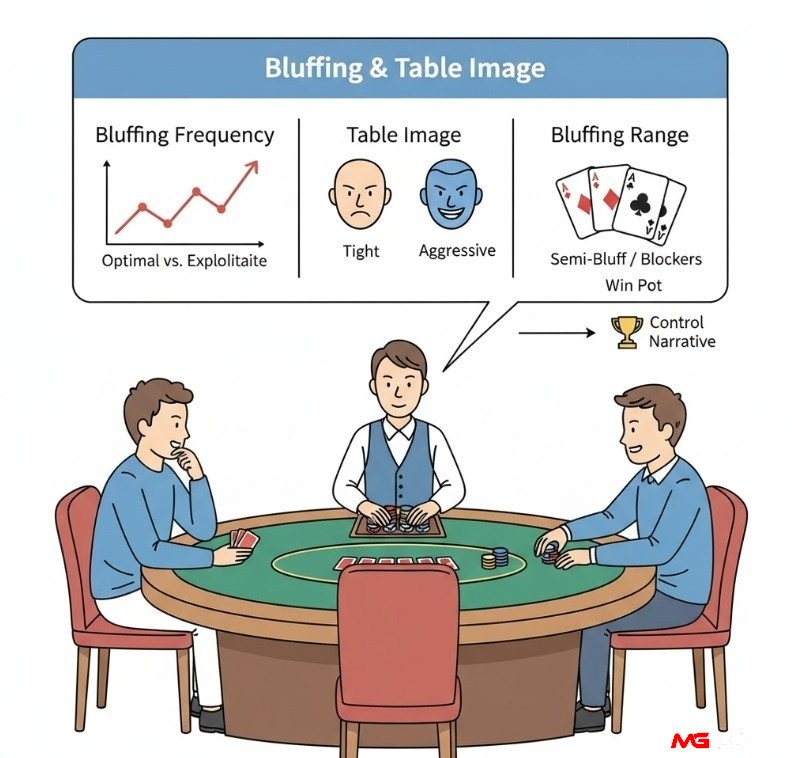Người chơi poker điều chỉnh tần suất bluff và kiểm soát hình ảnh trên bàn chơi để đánh lừa đối thủ hiệu quả
