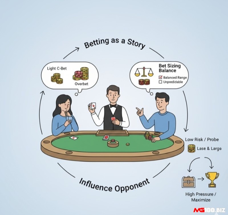 Người chơi poker sử dụng kích thước cược nhỏ, lớn hoặc cân bằng để truyền tải thông điệp và gây áp lực lên đối thủ