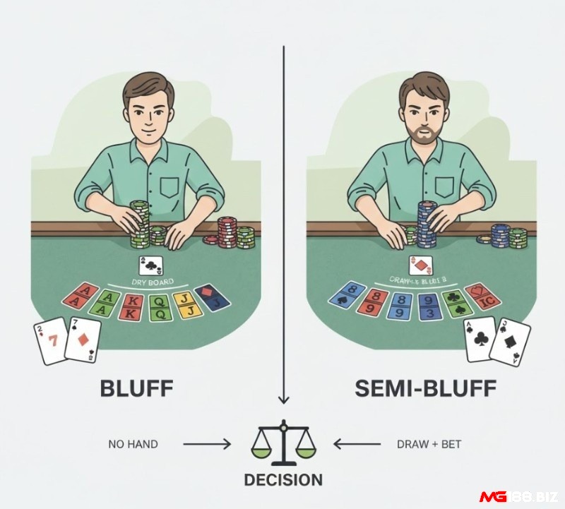 Người chơi poker so sánh sự khác biệt giữa bluff và semi-bluff để áp dụng chiến thuật hiệu quả