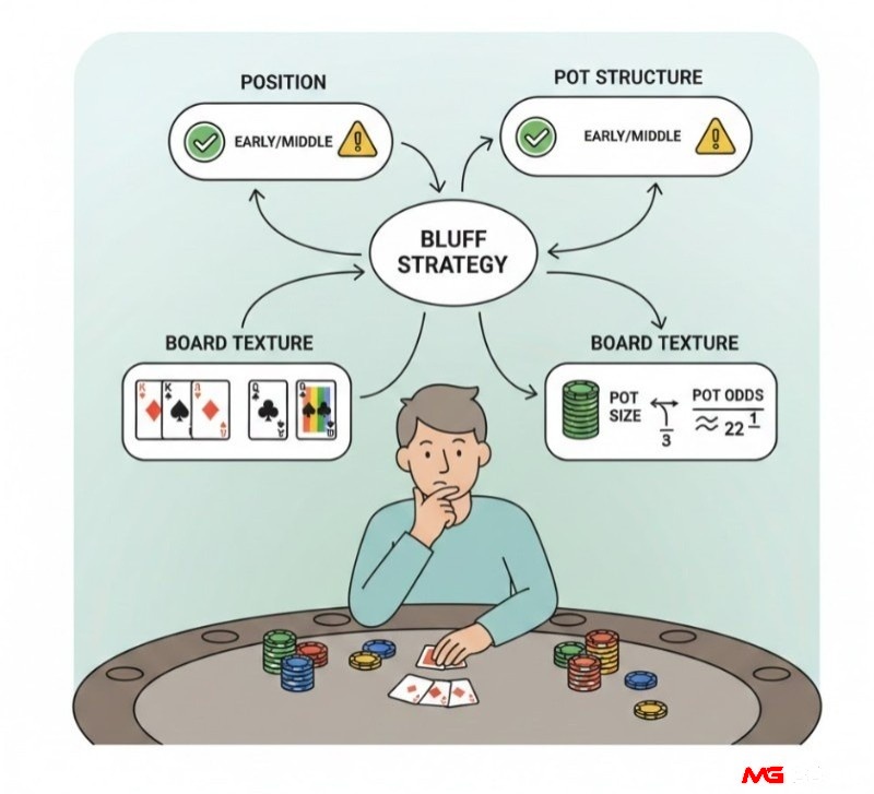 Người chơi poker phân tích vị trí (Position), cấu trúc pot (Pot Structure) và cấu trúc bài chung (Board Texture) để thực hiện bluff hiệu quả