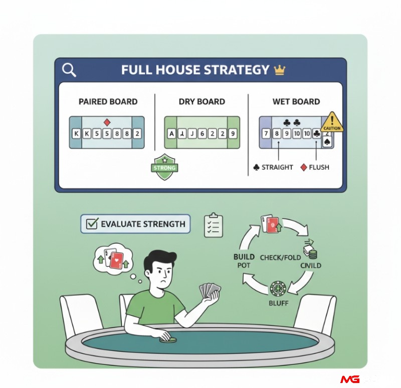 Người chơi Poker đánh giá sức mạnh của bài Cù lũ trên các cấu trúc bàn chơi khác nhau để tối ưu hóa chiến thuật