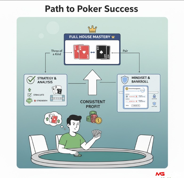 Người chơi Poker áp dụng kiến thức chiến thuật cù lũ poker là gì, quản lý vốn và tâm lý vững vàng để đạt thành công bền vững