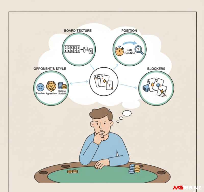 Người chơi poker đang phân tích các yếu tố như cấu trúc bàn, vị trí, đối thủ và bài blocker để đánh giá giá trị cù lũ