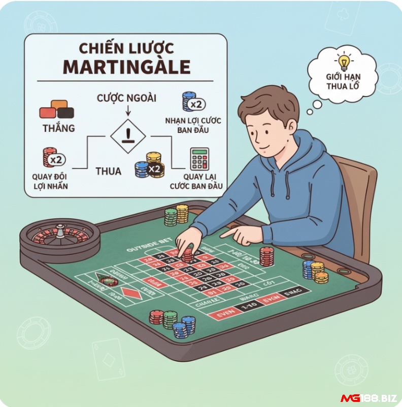 Người chơi Roulette áp dụng chiến lược Martingale cải tiến với cược ngoài, nhân đôi cược sau mỗi lần thua để bù lỗ