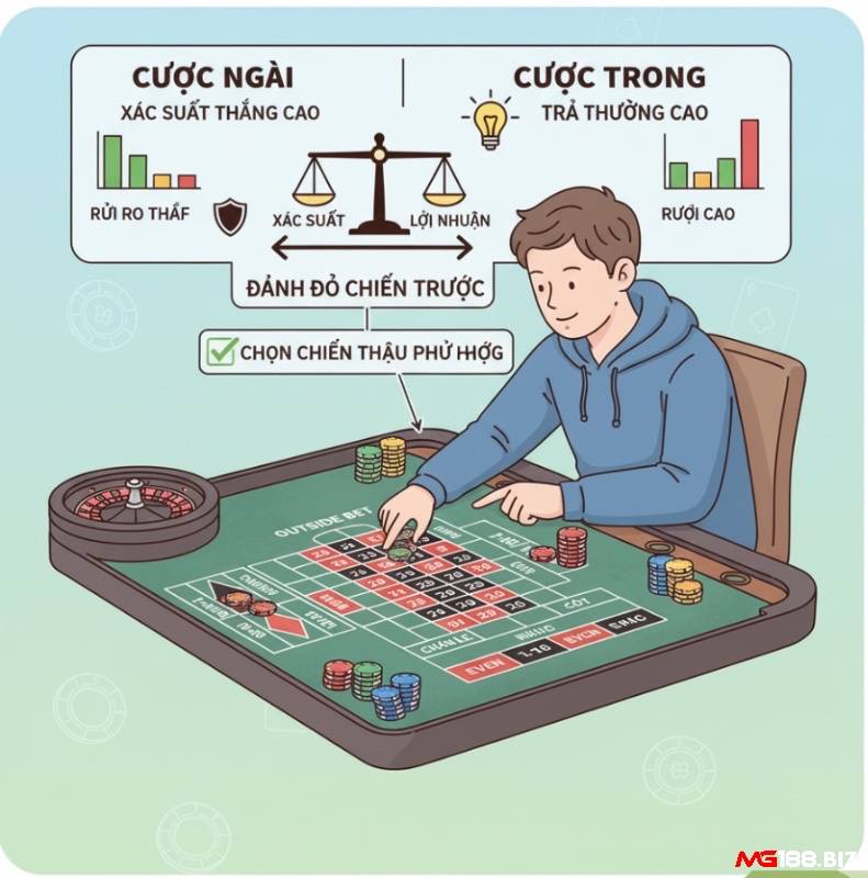 Người chơi Roulette so sánh cược ngoài với xác suất thắng cao và cược trong với tỷ lệ trả thưởng lớn, lựa chọn chiến lược phù hợp