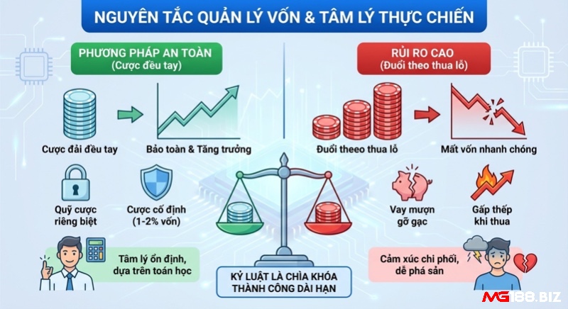 Bảng so sánh chiến lược quản lý vốn an toàn với cược đều tay và rủi ro cao khi đuổi theo thua lỗ, nhấn mạnh kỷ luật là chìa khóa thành công dài hạn