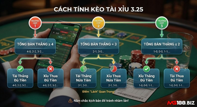 Bảng mô tả cách phân định thắng – thua kèo Tài Xỉu 3.25 dựa trên ba mốc tổng số bàn thắng khác nhau