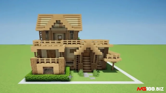 Nhà gỗ khởi đầu trong Minecraft với mái dốc nhỏ và hàng rào gỗ trước hiên