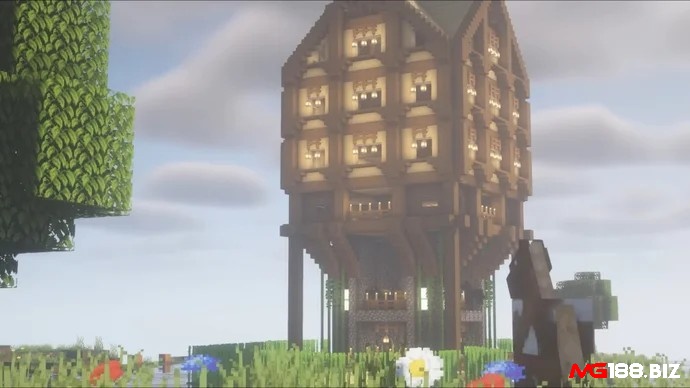 Nhà sinh tồn nhiều tầng trong Minecraft với cửa sổ lớn và khung gỗ chắc chắn