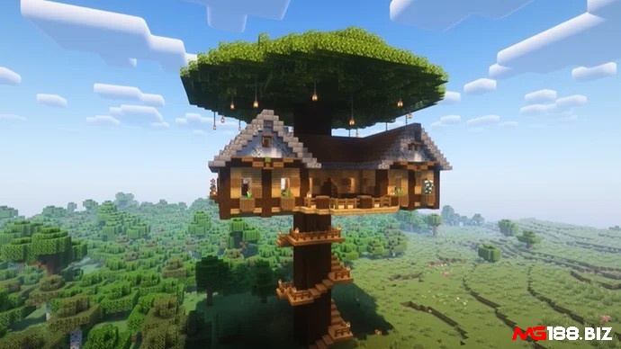 Nhà trên cây trong Minecraft với lối đi gỗ, tán lá rộng và góc nhìn cao giữa rừng