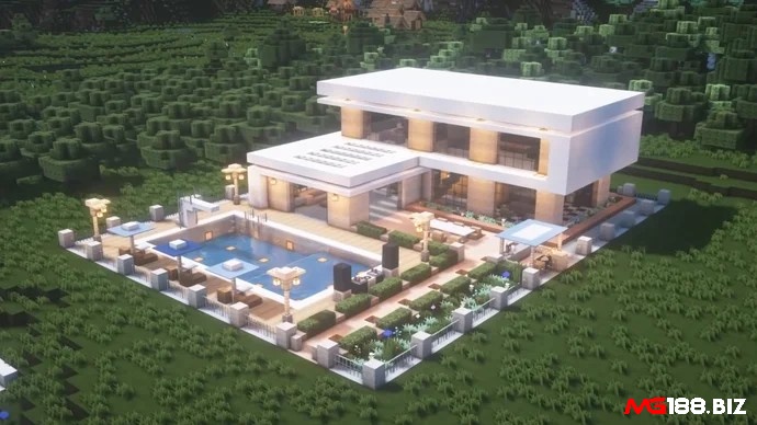 Nhà hiện đại có hồ bơi trong Minecraft với kính lớn và thiết kế vuông vức tinh tế