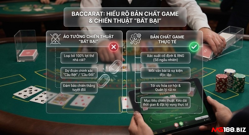 Bảng so sánh chiến thuật baccarat làm rõ ảo tưởng về "bất bại" với bản chất game xác suất thực tế, nhấn mạnh quản lý rủi ro