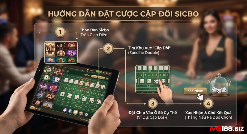 Sơ đồ 4 bước chi tiết cách đặt cược Sicbo cặp đôi là gì online, hướng dẫn chọn bàn, đặt chip vào ô Cặp đôi 4 và xác nhận