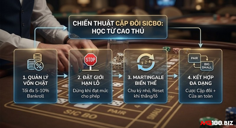 Tổng quan chiến lược chơi Cặp đôi Sicbo từ cao thủ, gồm 4 bước: quản lý vốn, giới hạn lỗ, Martingale biến thể và kết hợp cược