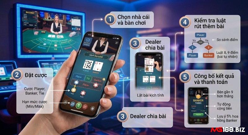 Quy trình 5 bước hướng dẫn cách chơi bài Baccarat online chi tiết từ chọn bàn, đặt cược đến công bố kết quả và hoa hồng Banker 5%