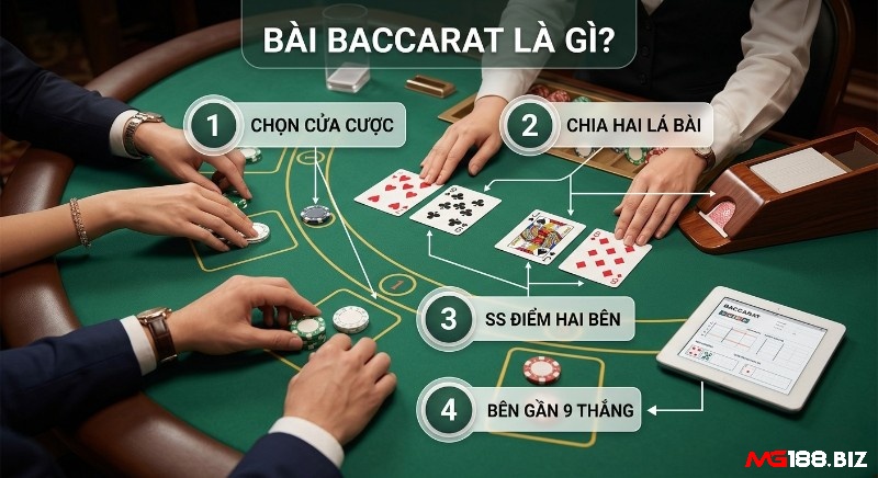 Tổng quan 4 bước luật chơi&nbsp; bài Baccarat: chọn cửa đặt cược, chia bài, so điểm hai bên, bên nào gần 9 thắng