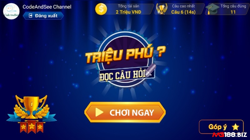 Ai Là Triệu Phú trên trình duyệt với giao diện câu hỏi kiến thức và các mốc điểm thưởng