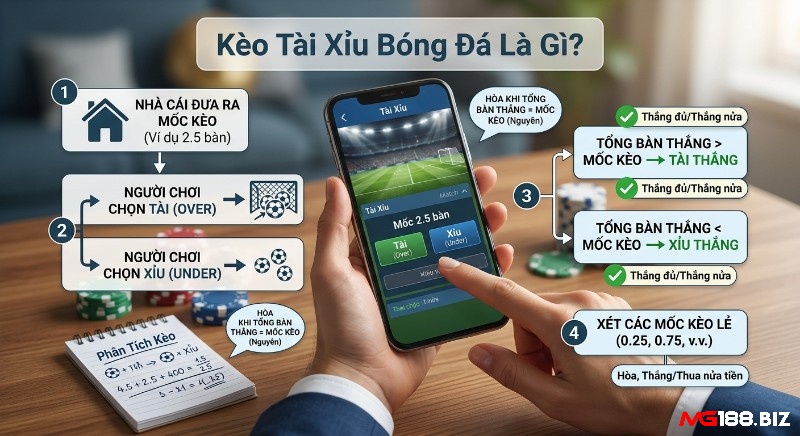 Giải thích kèo Tài Xỉu bóng đá A-Z qua các bước: nhà cái ra kèo, người chơi đặt cược Tài/Xỉu và xác định thắng thua