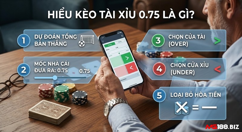 Hướng dẫn chi tiết kèo tài xỉu 0.75 là sao: cách dự đoán tổng bàn thắng, mốc 0.75, chọn cửa Tài/Xỉu và đặc điểm không hoàn tiền