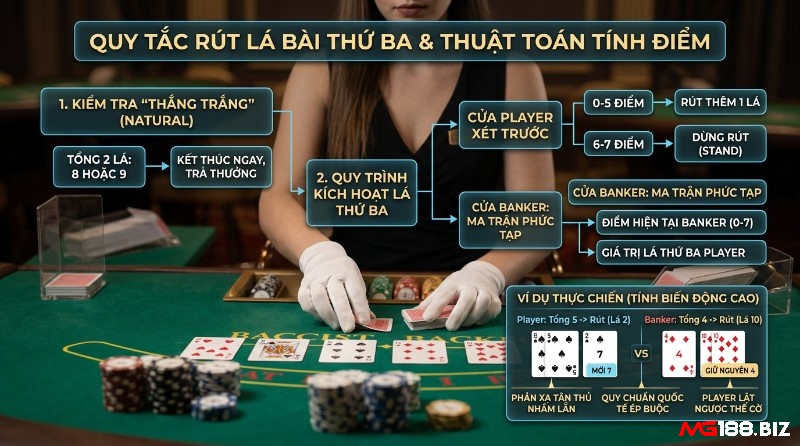 Quy tắc rút lá bài thứ ba Baccarat bộ bài chia như thế nào: kiểm tra thắng trắng, Player rút 0-5 điểm, Banker theo ma trận phức tạp. Ví dụ Player 5 rút 2 thành 7, Banker 4 rút 10 vẫn 4, Player thắng