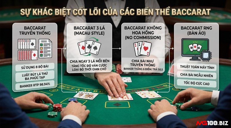Sự khác biệt cốt lõi các biến thể Baccarat bộ bài chia như thế nào: truyền thống 8 bộ bài, 3 lá Macau chia ngay, không hoa hồng Banker thắng 6 điểm trả 1:0.5, RNG thuật toán máy tính