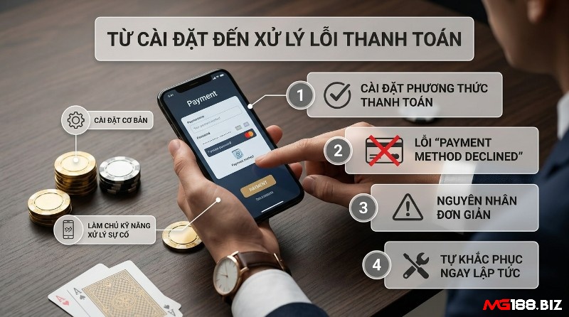 Cài đặt và xử lý lỗi thanh toán trên điện thoại, bao gồm thiết lập phương thức, khắc phục lỗi "Payment Method Declined" và các nguyên nhân đơn giản để tự sửa ngay lập tức