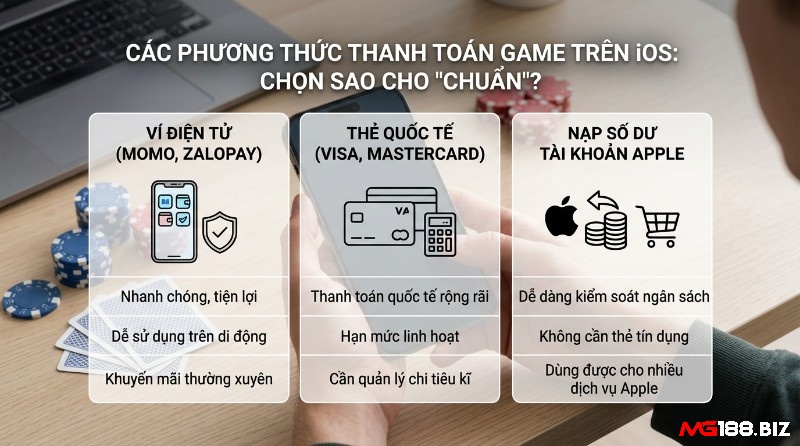 Các cách thanh toán game trên ios gồm ví điện tử (MoMo, ZaloPay), thẻ quốc tế (Visa, Mastercard) và nạp số dư tài khoản Apple với các ưu điểm riêng