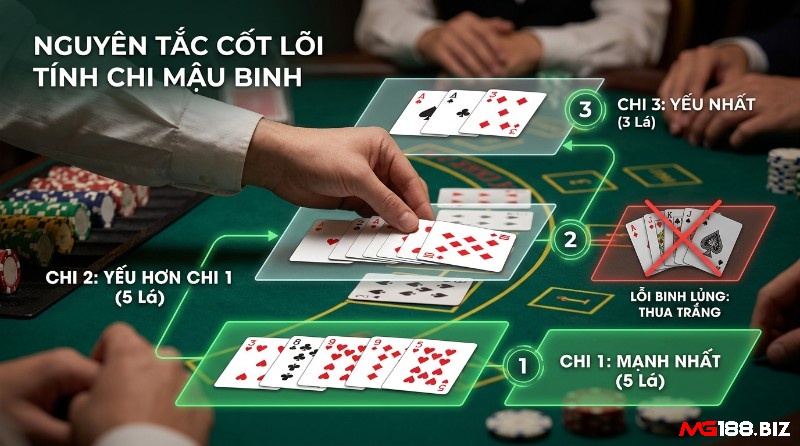 Nguyên tắc cách tính chi Mậu Binh: Chi 1 mạnh nhất (5 lá), Chi 2 yếu hơn Chi 1 (5 lá), Chi 3 yếu nhất (3 lá). Tránh lỗi binh lủng