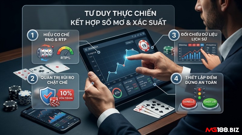 Tư duy thực chiến kết hợp số mơ thấy mình trúng lô đánh con gì và xác suất, người chơi phân tích dữ liệu trên máy tính bảng, quản lý rủi ro 10% vốn, đối chiếu lịch sử, thiết lập dừng lỗ/chốt lời
