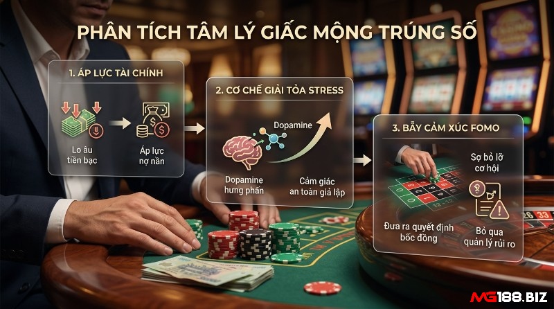 Phân tích tâm lý giấc mộng trúng số qua ba bước: áp lực tài chính, cơ chế dopamine giải tỏa stress, và bẫy FOMO dẫn đến quyết định bốc đồng trên bàn roulette