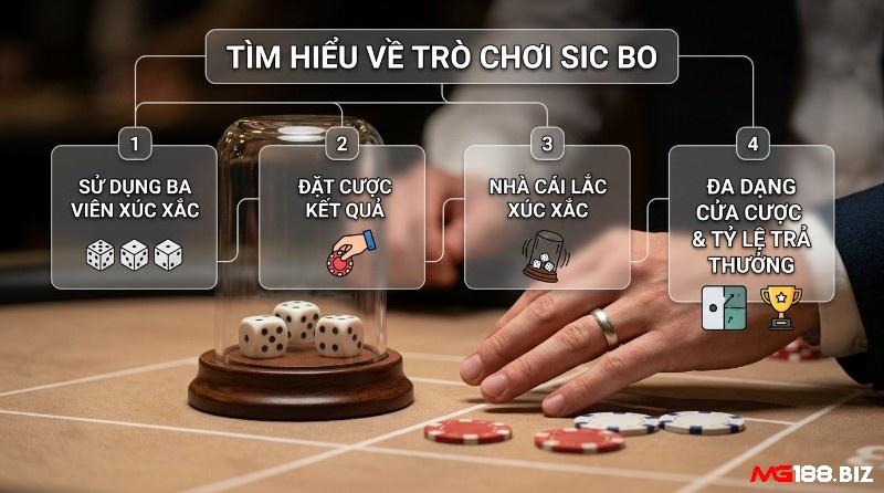 Giải mã trò chơi Sic bo là gì qua các bước: sử dụng ba xúc xắc, đặt cược chip, nhà cái lắc xúc xắc, đa dạng cửa cược và trả thưởng
