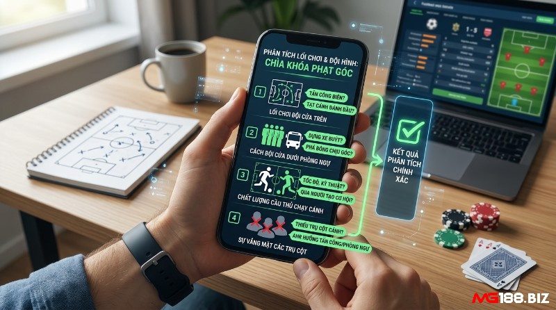Phân tích lối chơi, đội hình soi kèo chấp phạt góc. Điện thoại hiển thị infographic 4 yếu tố: tấn công biên, phòng ngự, chất lượng cầu thủ chạy cánh, vắng mặt trụ cột, cùng laptop dữ liệu trận đấu