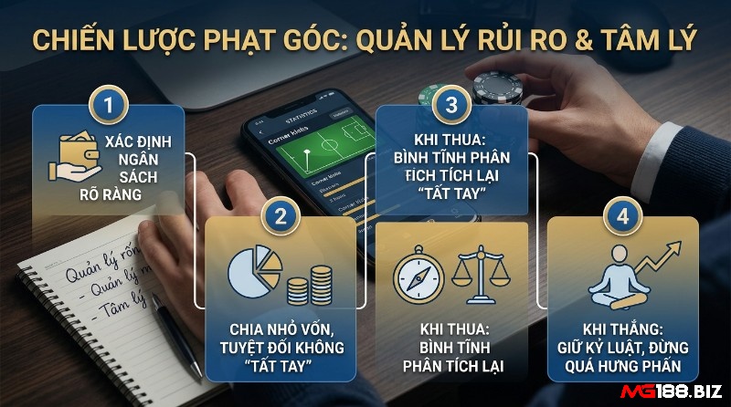 Chiến lược quản lý rủi ro, tâm lý khi soi kèo chấp phạt góc: xác định ngân sách, chia nhỏ vốn, bình tĩnh phân tích khi thua, giữ kỷ luật khi thắng