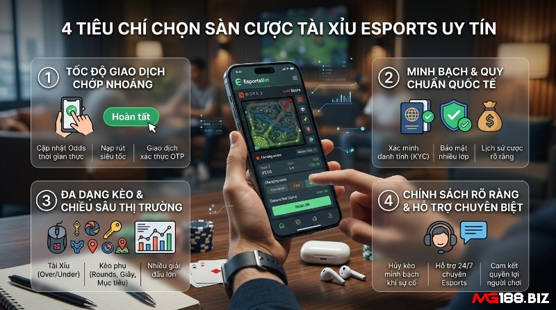 Tiêu chí chọn nền tảng cược tài xỉu Esports uy tín gồm 4 yếu tố: tốc độ giao dịch, minh bạch, đa dạng kèo và hỗ trợ chuyên biệt. Ứng dụng EsportsBet trên điện thoại hiển thị trận Dota 2