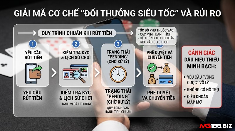 Giải mã cơ chế đổi thưởng siêu tốc, quy trình rút tiền chuẩn gồm yêu cầu, kiểm tra KYC, trạng thái chờ, phê duyệt và chuyển tiền, cùng dấu hiệu thiếu minh bạch